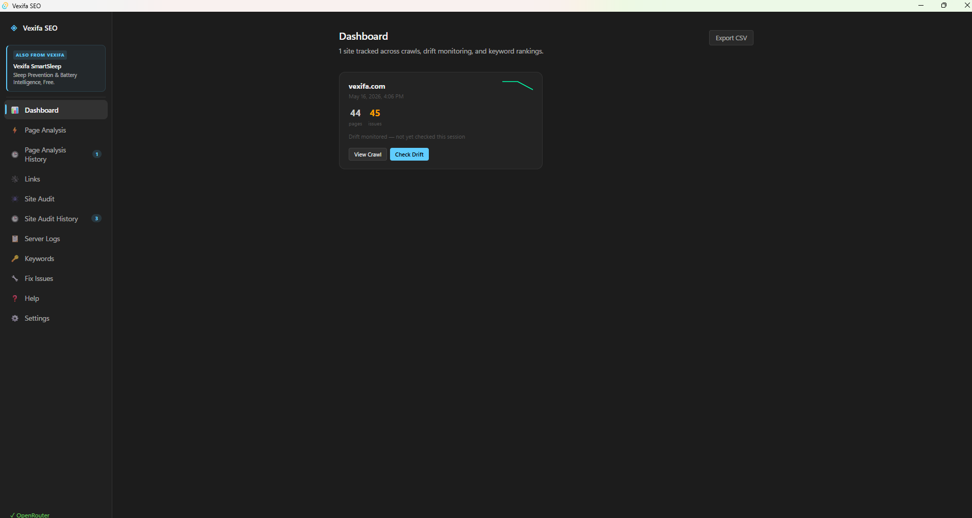 Vexifa SEO dashboard showing site health score, crawl summary, and multi-site overview