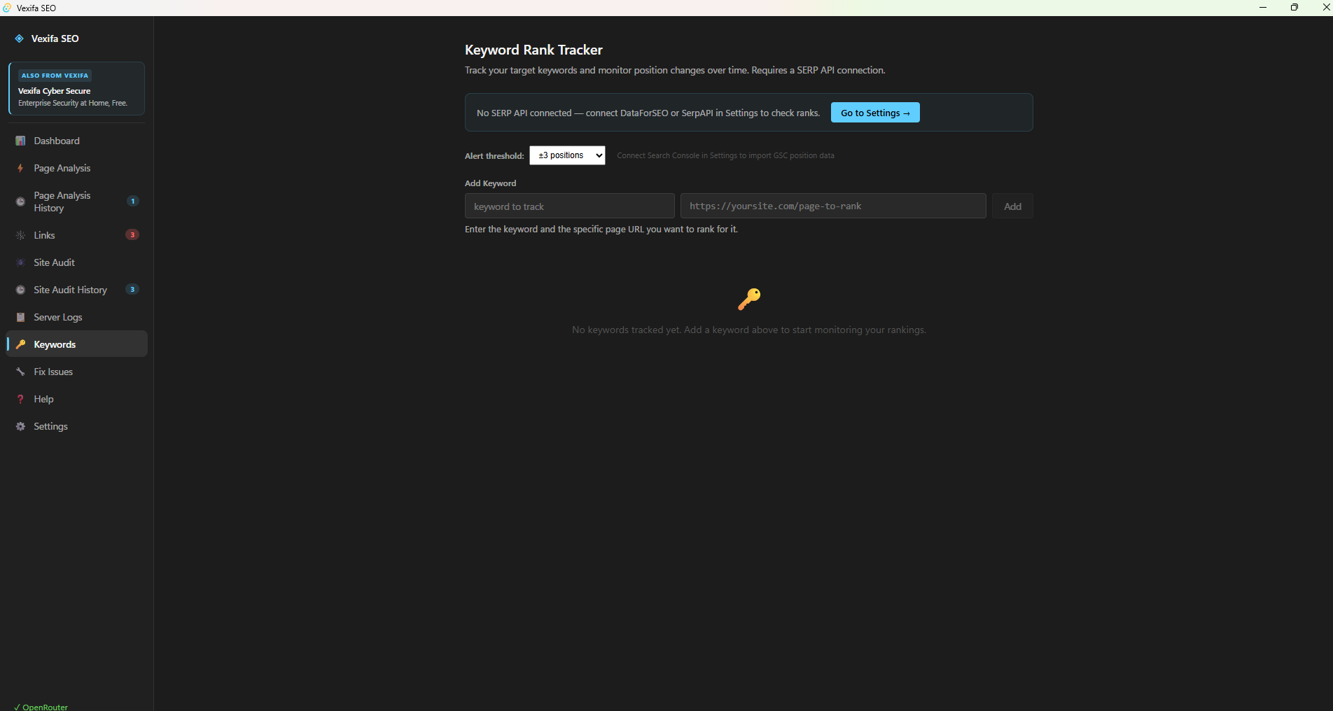 Vexifa SEO keyword tracker showing position history and ranking trends